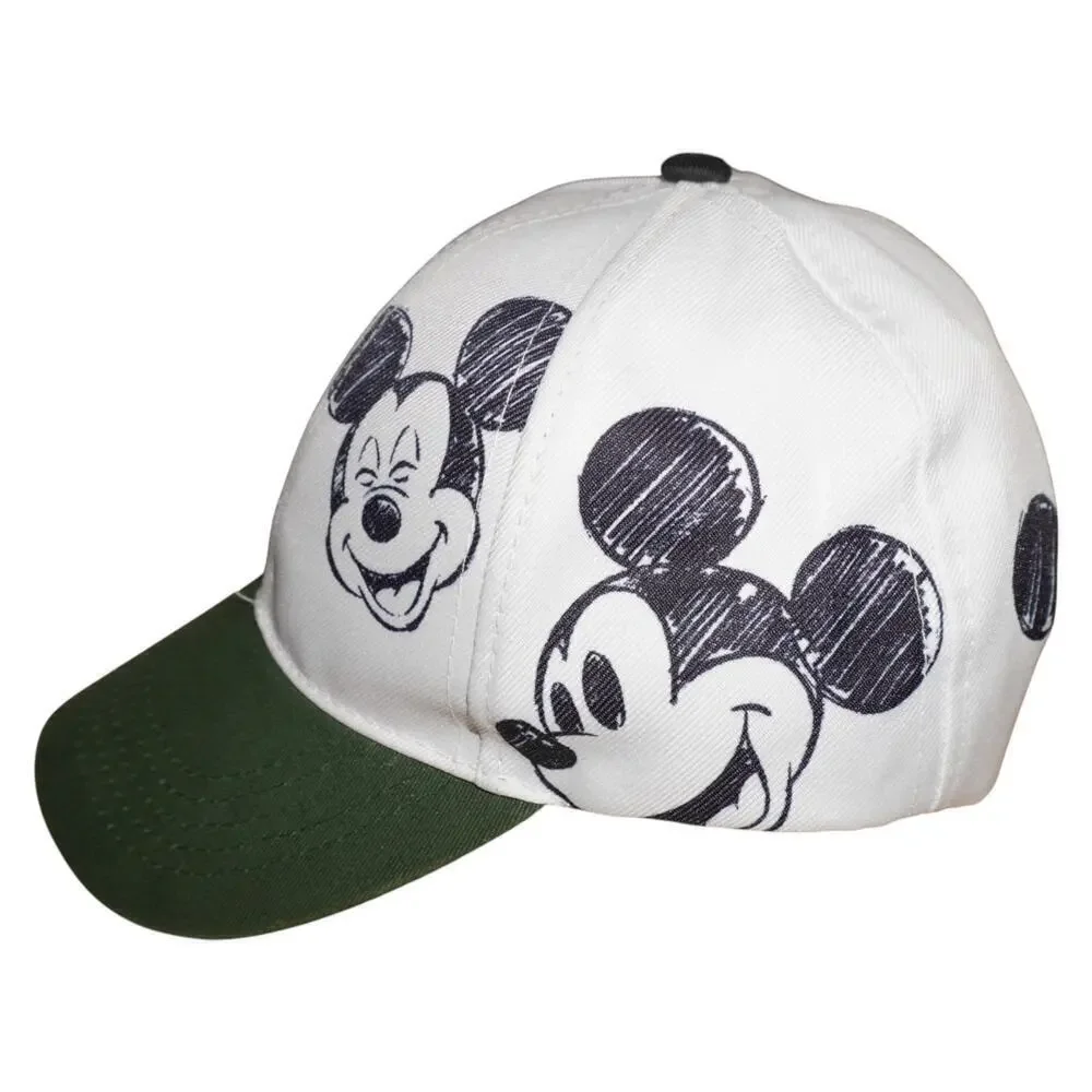 Disney Mickey Mouse Baseball Cap White Black Sketch Print Green Visor Snapback